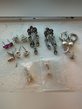 Earrings (7 pair) + 2 brand new belly rings
